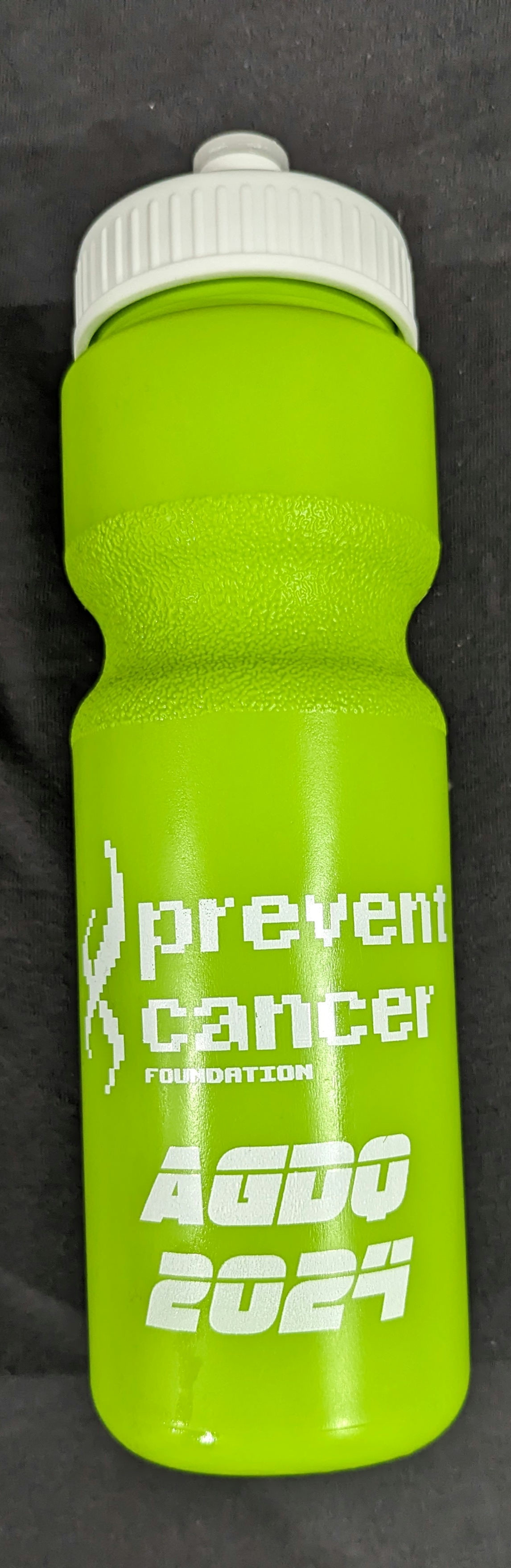 Plastic Water bottle with the text 'Prevent Cancer Foundation' and 'AGDQ 2924'